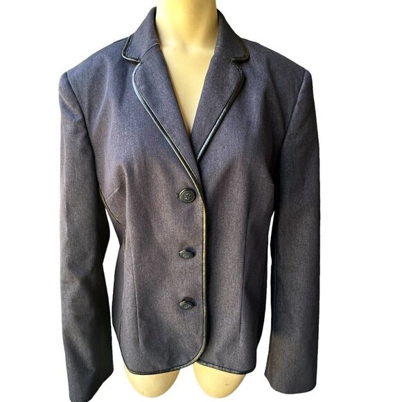Evan Picone Jacket Denim Chambray Blue Blazer Faux Leather Trim Women's 12 VTG - Picture 5 of 11